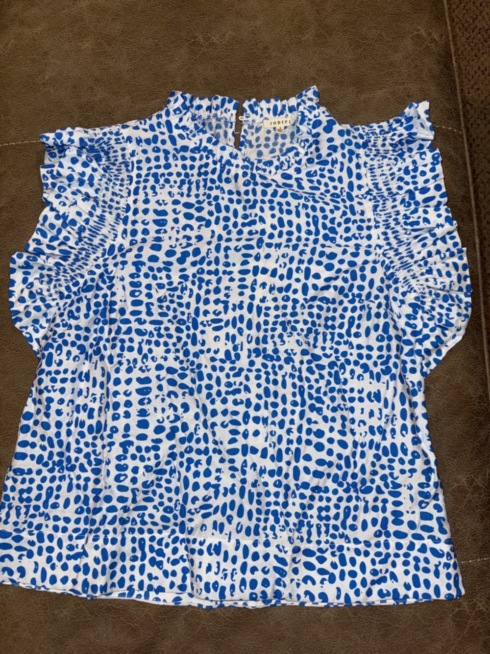JODIFL White Blouse with Blue Dot Print and Ruffle Sleeve